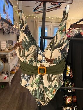 Tropical Print One-Piece Swimsuit with Olive Waist Sash